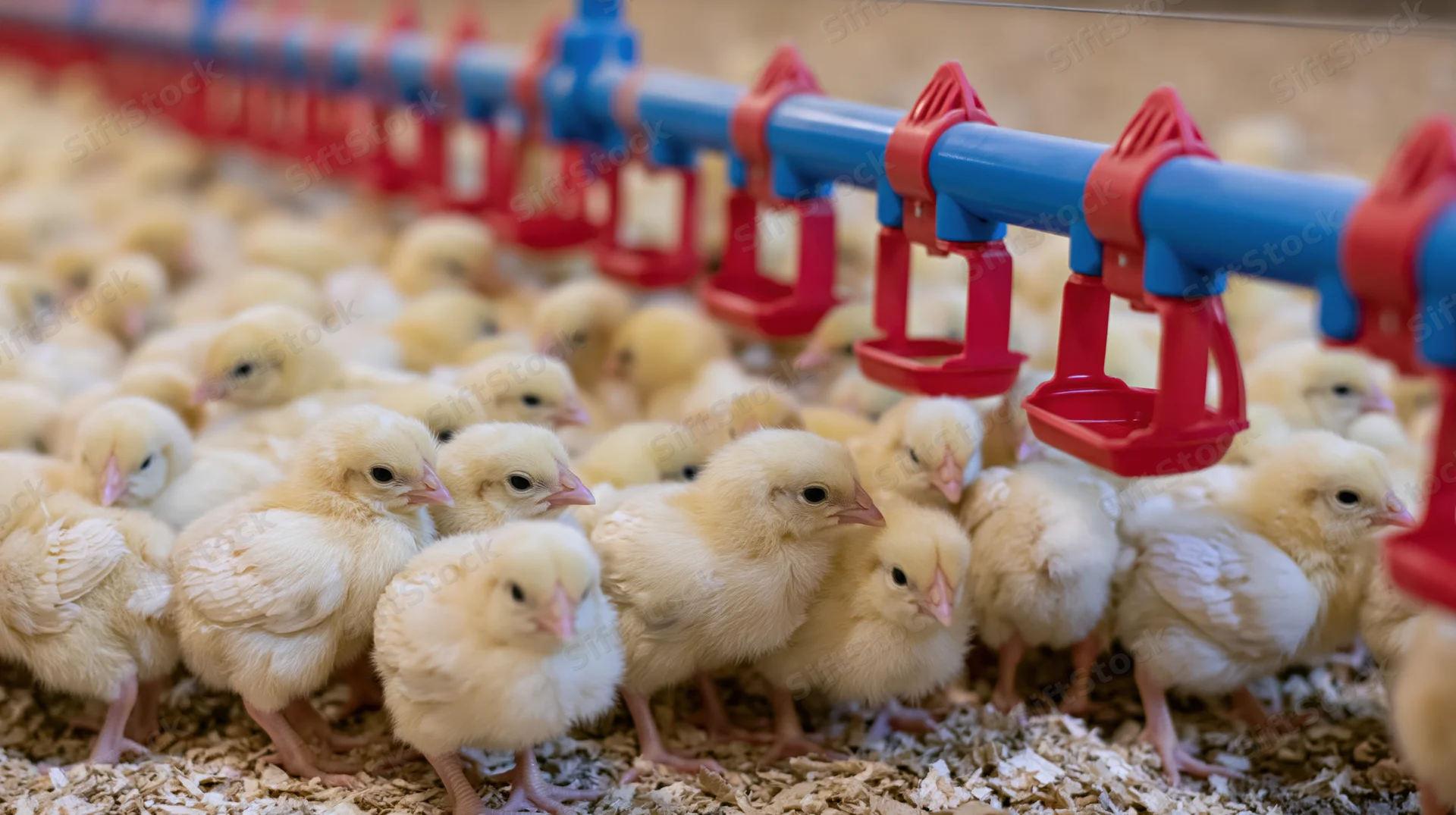 Newborn yellow chicks gathered around a blue and red plastic water nipple feeder in a farm hatchery
