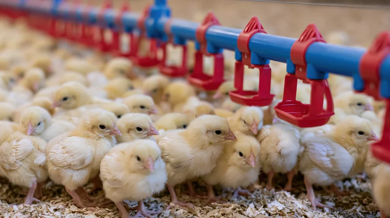 Newborn yellow chicks gathered around a blue and red plastic water nipple feeder in a farm hatchery