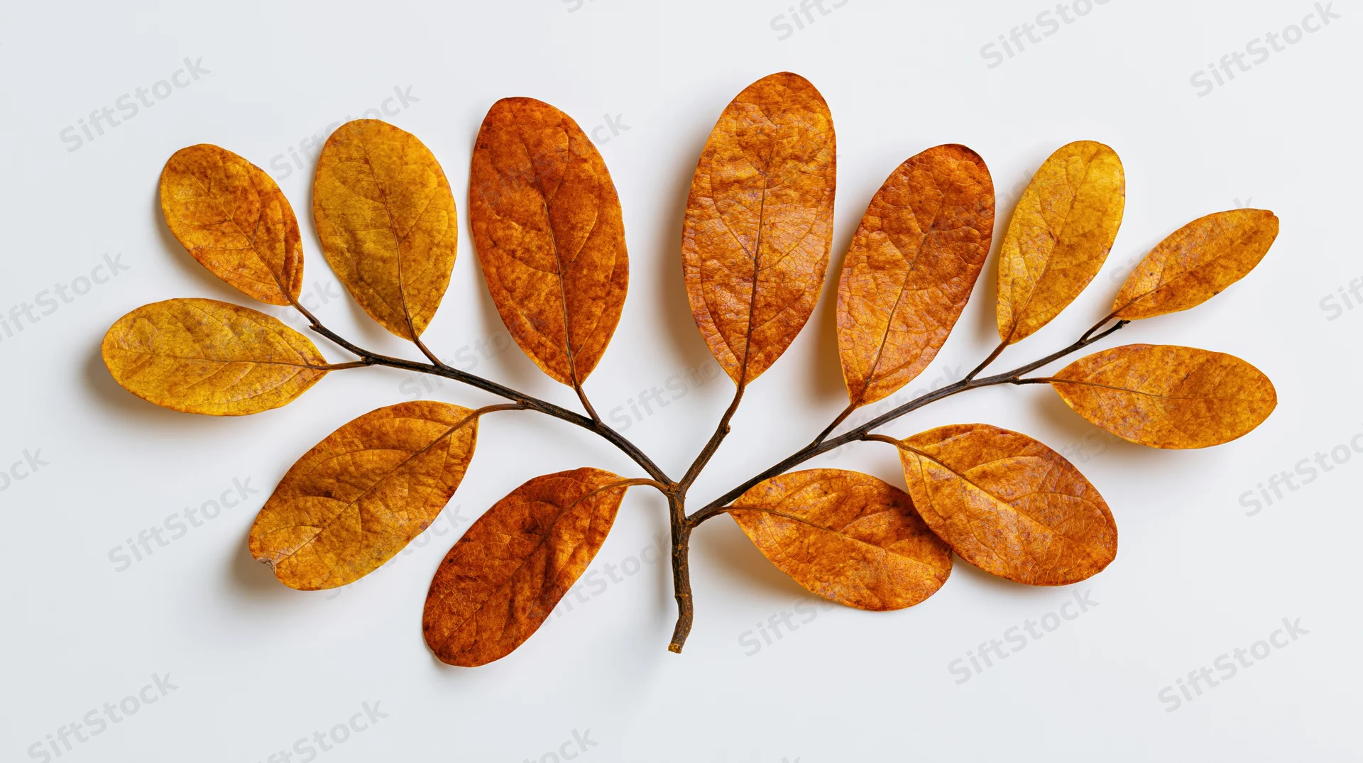 Dried autumn branch with oval leaves arranged symmetrically on white background