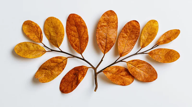 Dried autumn branch with oval leaves arranged symmetrically on white background