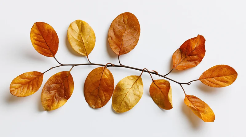 Dried autumn branch with oval leaves arranged symmetrically on white background