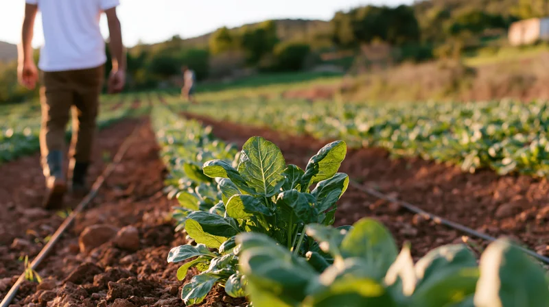 Farmer walking along a row of young leafy vegetables in a cultivated field