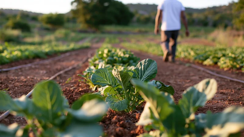 Farmer walking away along a row of young leafy vegetables in a cultivated field