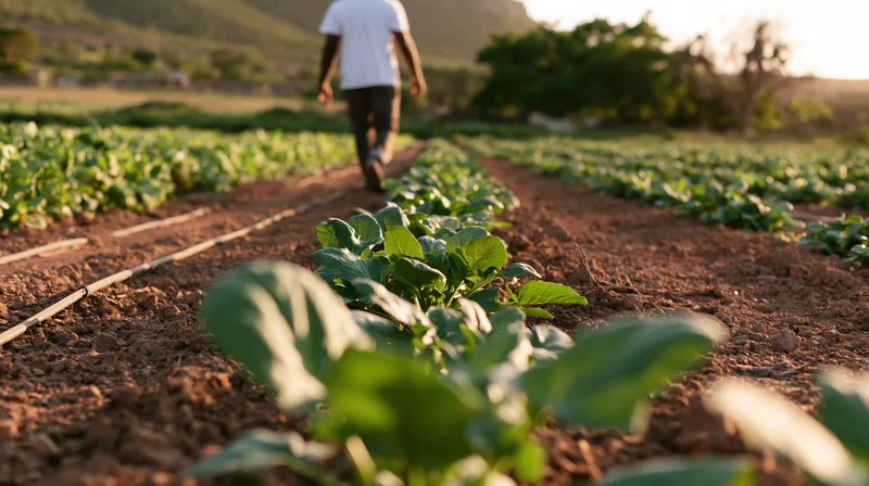 Farmer walking away along a row of young leafy vegetables in a cultivated field