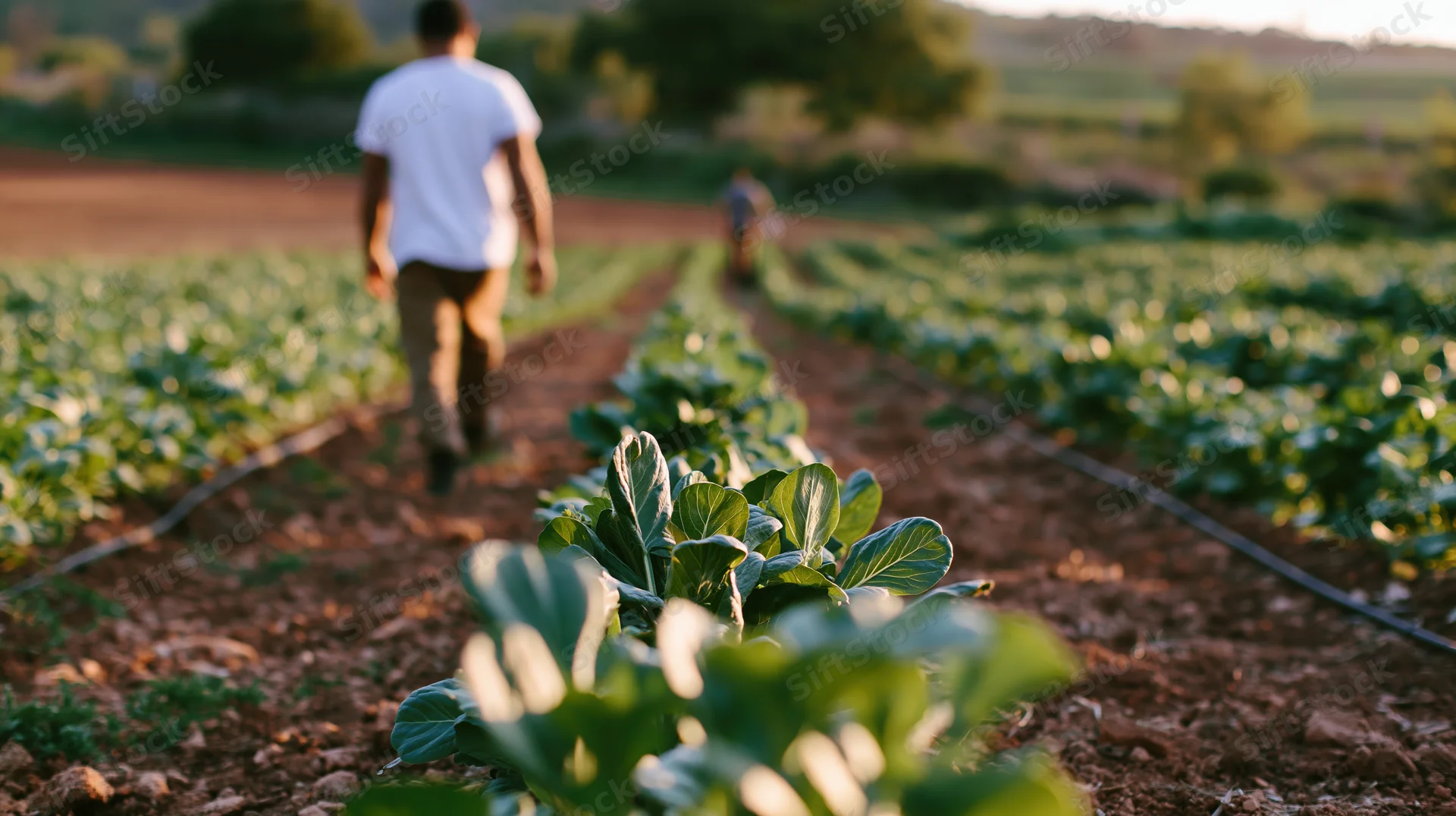 Farmer walking along a row of young leafy vegetables in a field at dusk