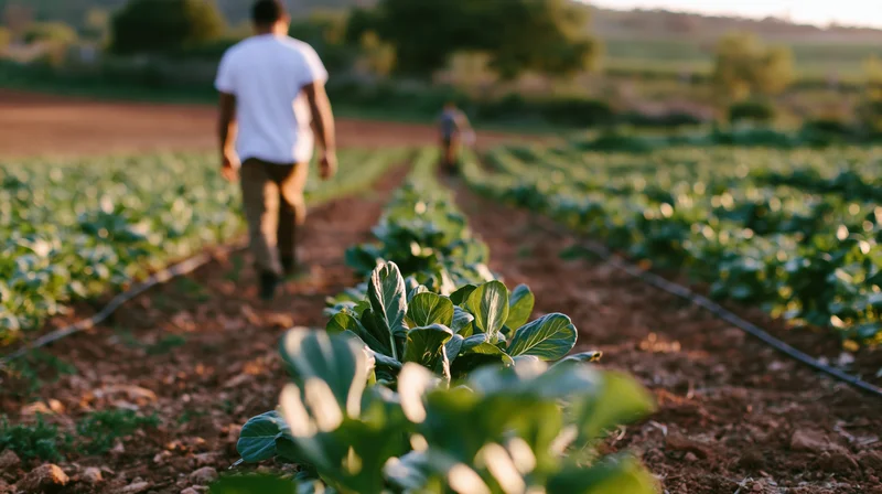 Farmer walking along a row of young leafy vegetables in a field at dusk