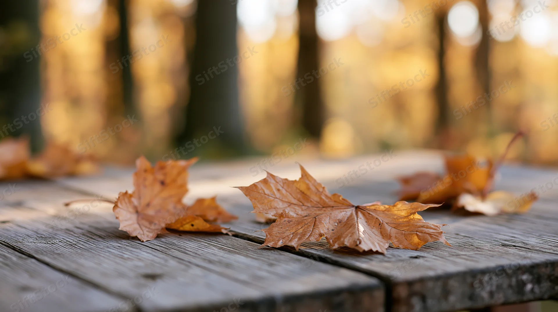 Dried maple leaves scattered on a weathered wooden table in a sunlit forest