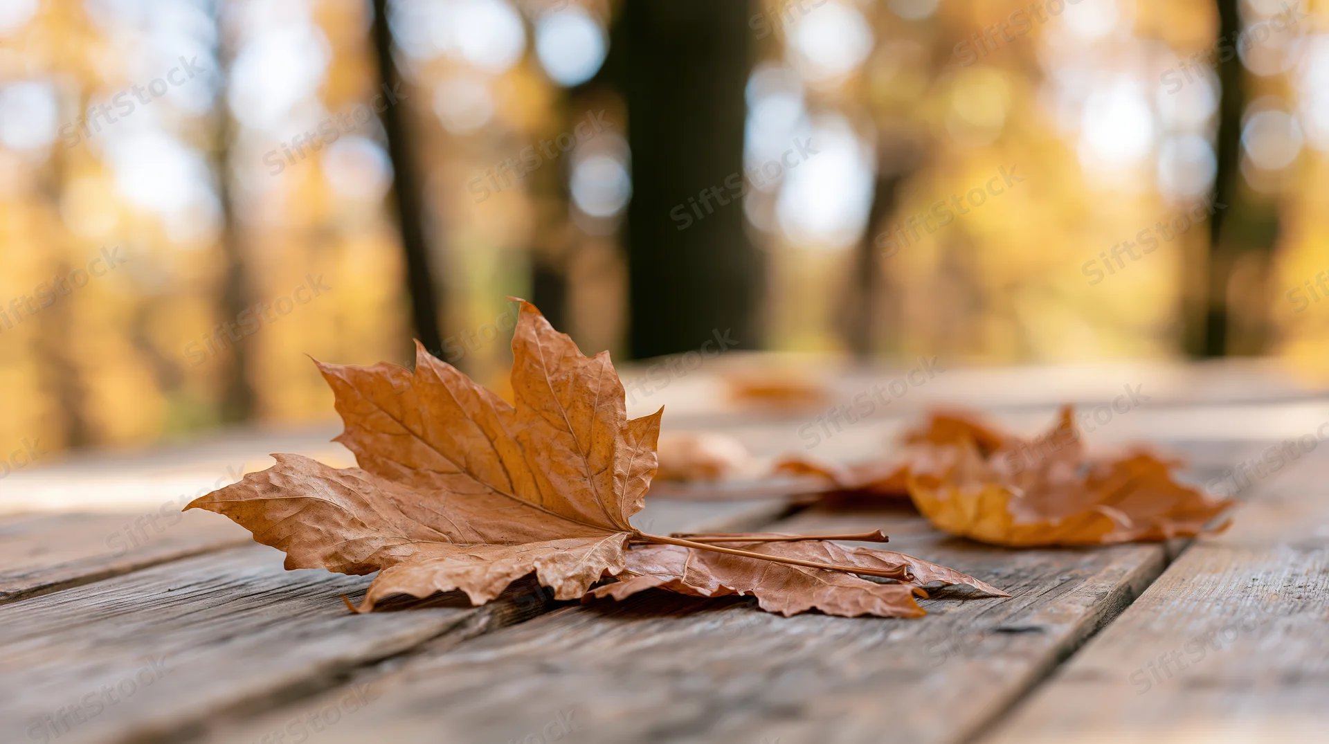 Dried maple leaves resting on a weathered wooden table in a forest setting
