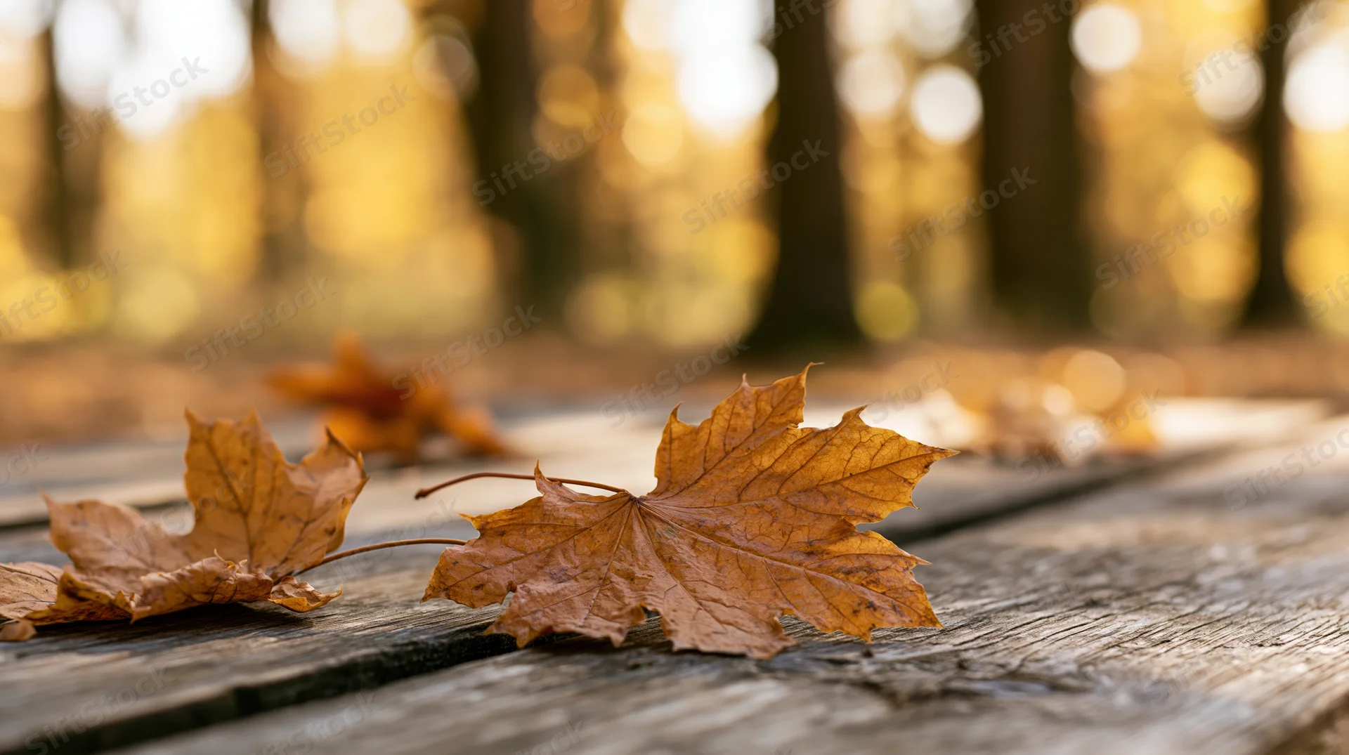 Dried maple leaves resting on a weathered wooden table in a sunlit forest setting