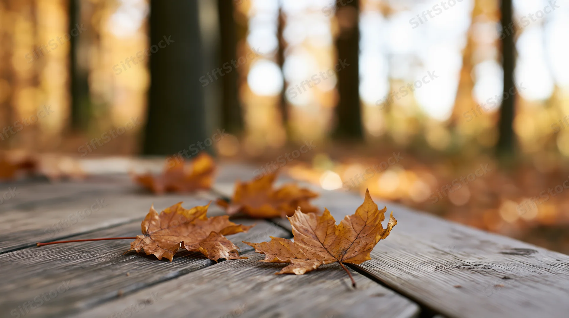 Dried maple leaves scattered on a weathered wooden table in a forest setting