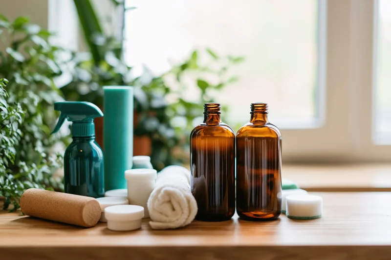 Eco-friendly cleaning and wellness bottles arranged on a wooden table near a window with plants