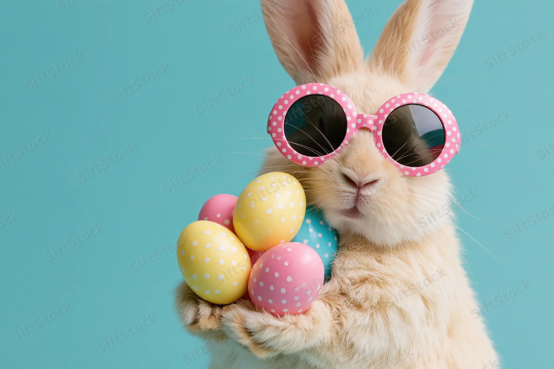 Fluffy bunny wearing pink polka-dot sunglasses holding colorful eggs against teal background