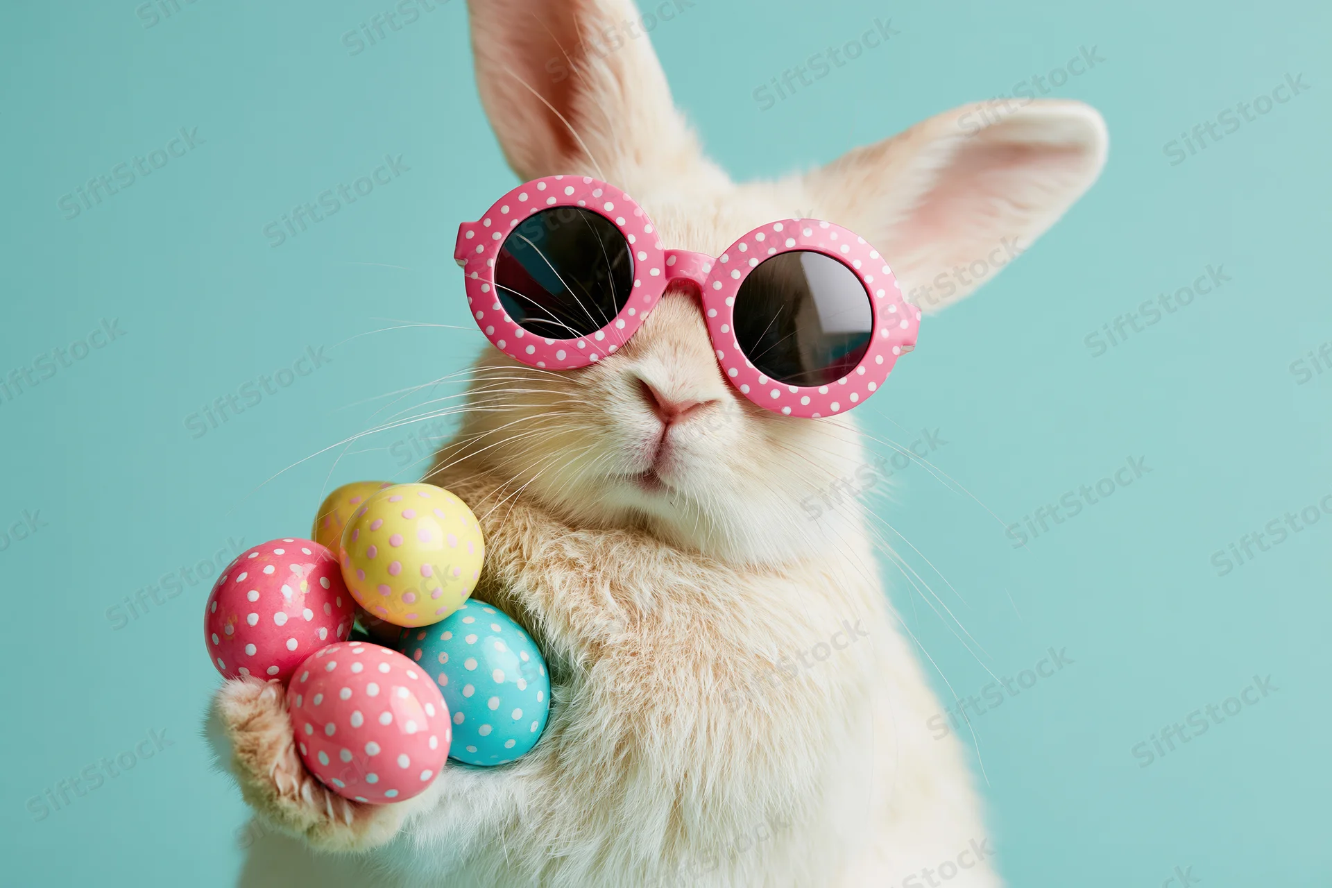 Fluffy white bunny wearing pink polka-dot sunglasses holding colorful polka-dot eggs against teal background