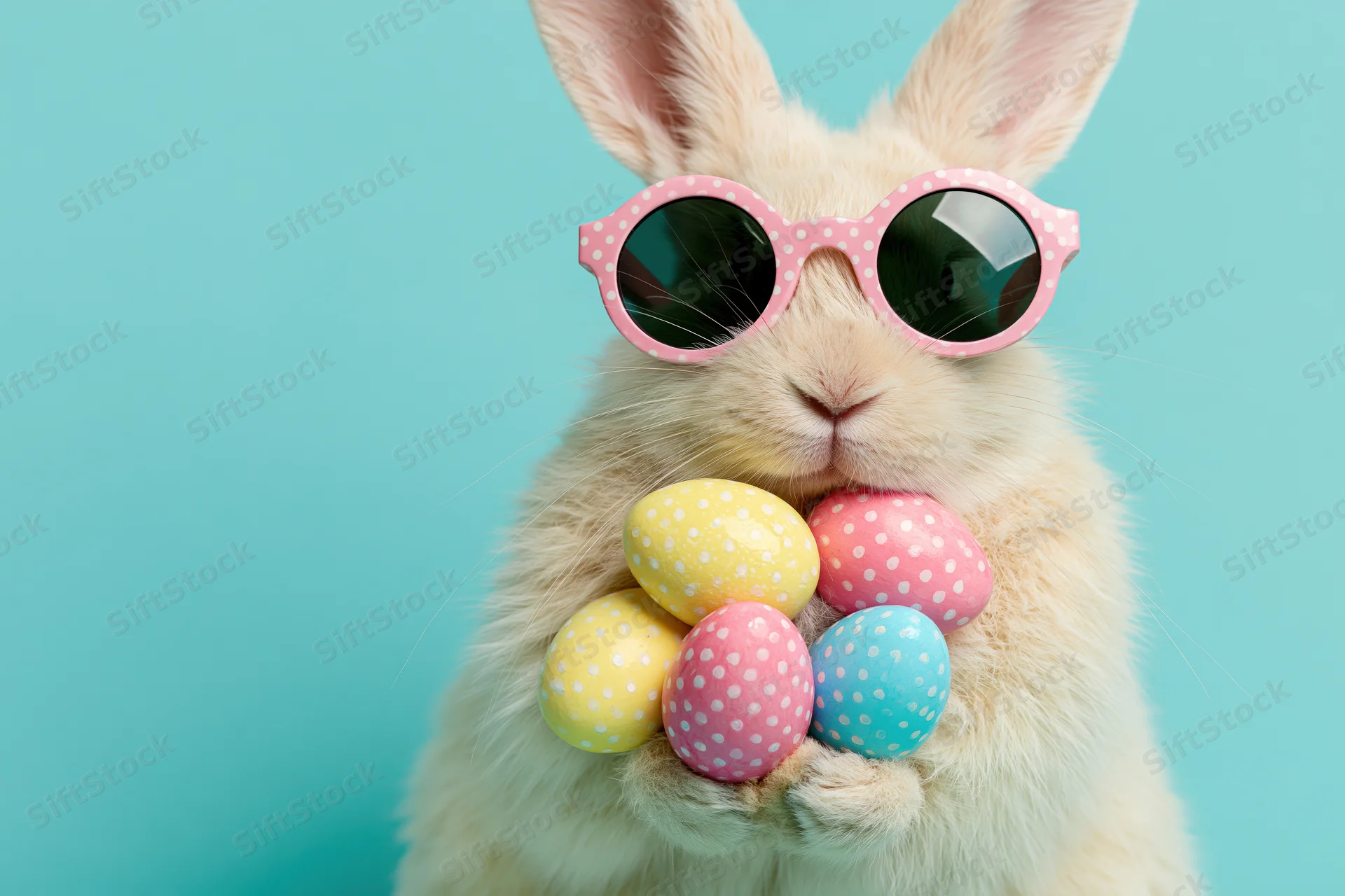 Fluffy bunny wearing pink polka-dot sunglasses holding colorful decorated eggs against a pastel blue background