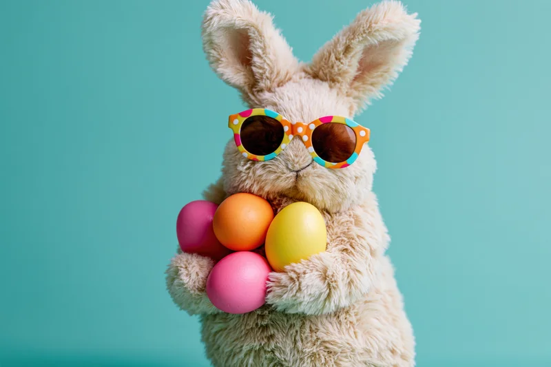 Fluffy easter bunny wearing polka-dot sunglasses holding colorful eggs against blue background