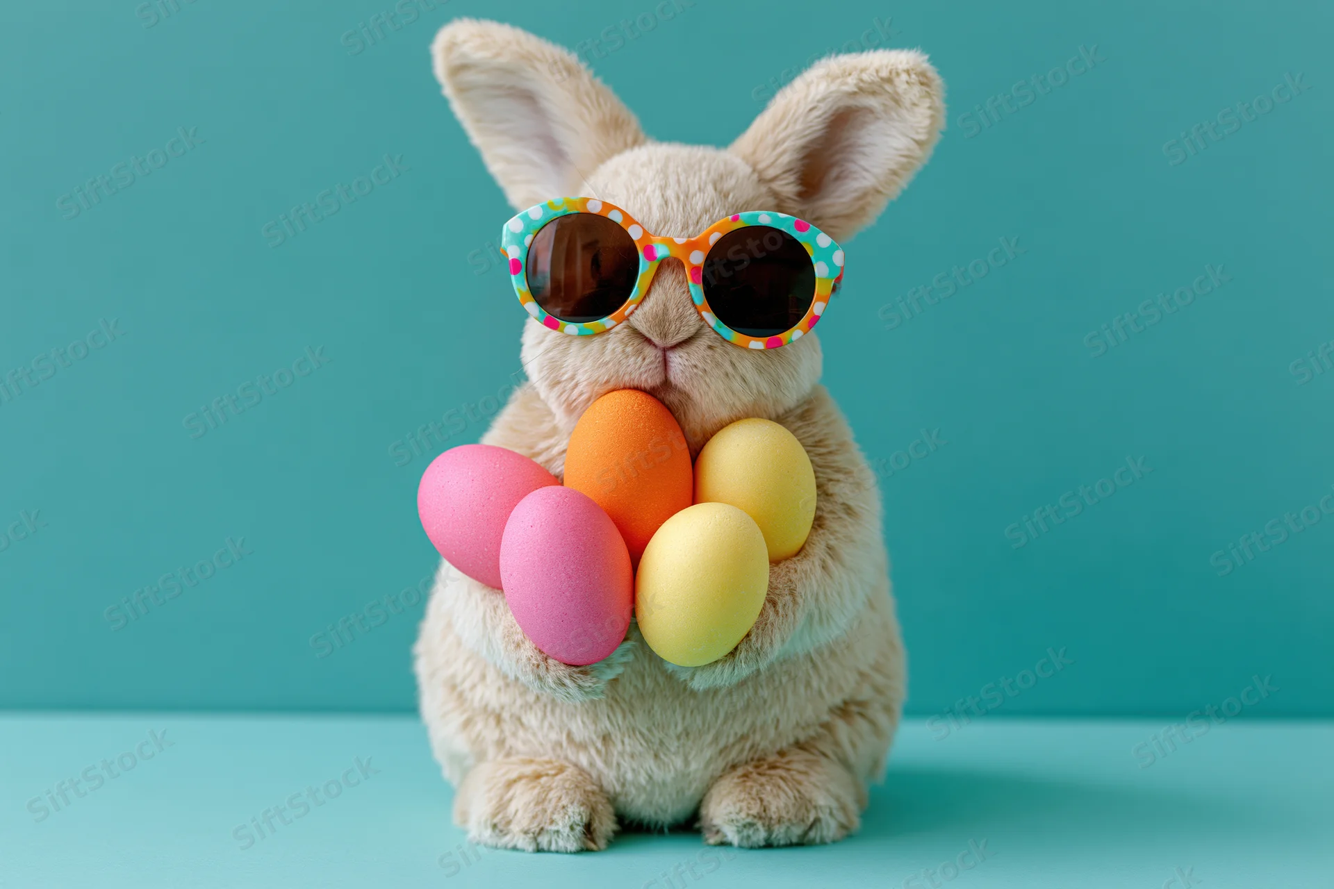 Fluffy bunny wearing polka-dot sunglasses holding colorful eggs against blue background