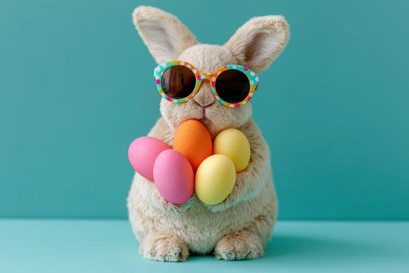 Fluffy bunny wearing polka-dot sunglasses holding colorful eggs against blue background
