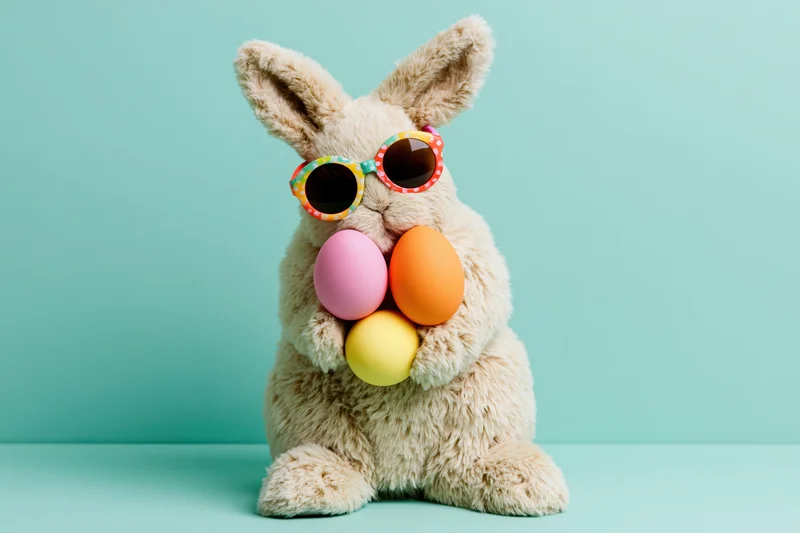 Fluffy easter bunny wearing polka-dot sunglasses holding three colorful eggs against a teal background