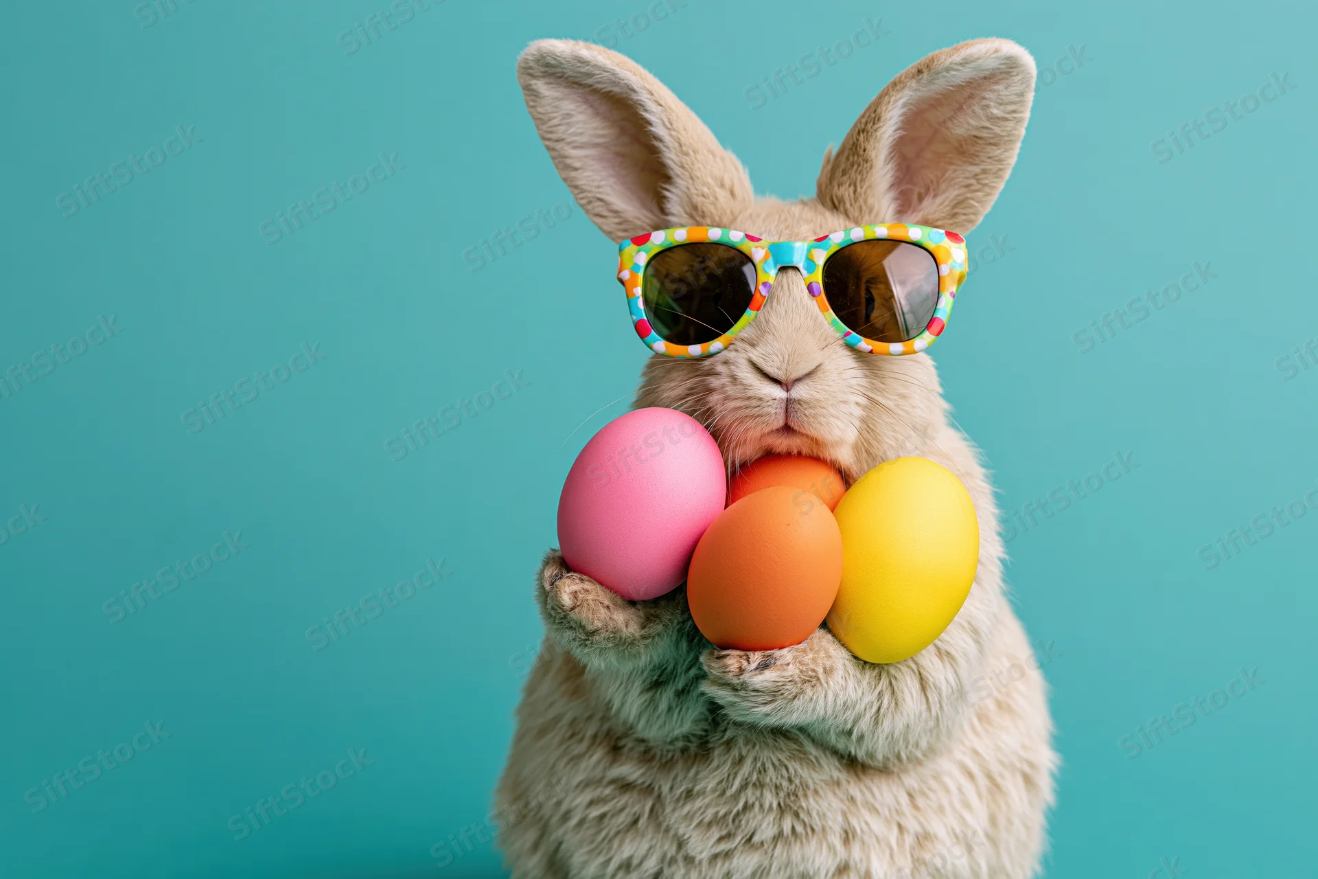 Fluffy bunny wearing polka-dot sunglasses holding colorful easter eggs against teal background