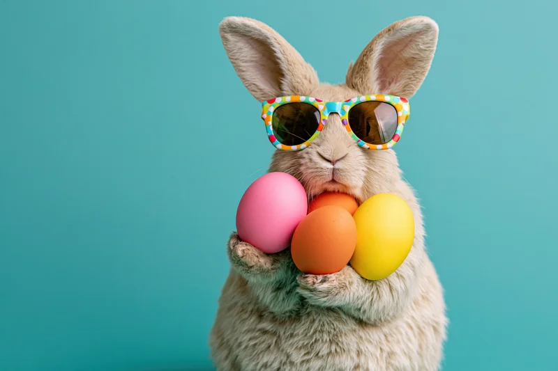 Fluffy bunny wearing polka-dot sunglasses holding colorful easter eggs against teal background