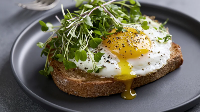 Fried egg with runny yolk dripping onto thick slice of toast topped with microgreens on black plate
