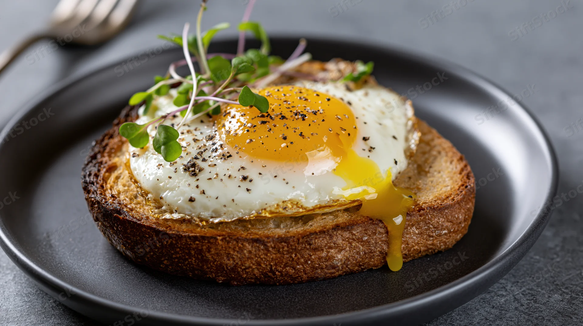 Fried egg with runny yolk dripping onto thick slice of toast on black plate