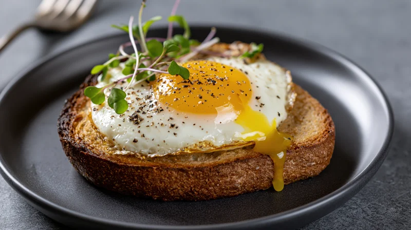 Fried egg with runny yolk dripping onto thick slice of toast on black plate