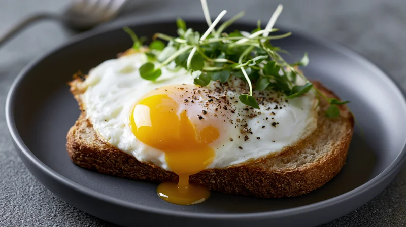 Fried egg with runny yolk dripping onto thick slice of toast on gray plate