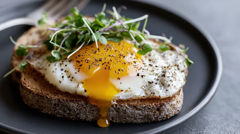Fried egg with runny yolk dripping onto thick slice of toast topped with microgreens and pepper on dark plate