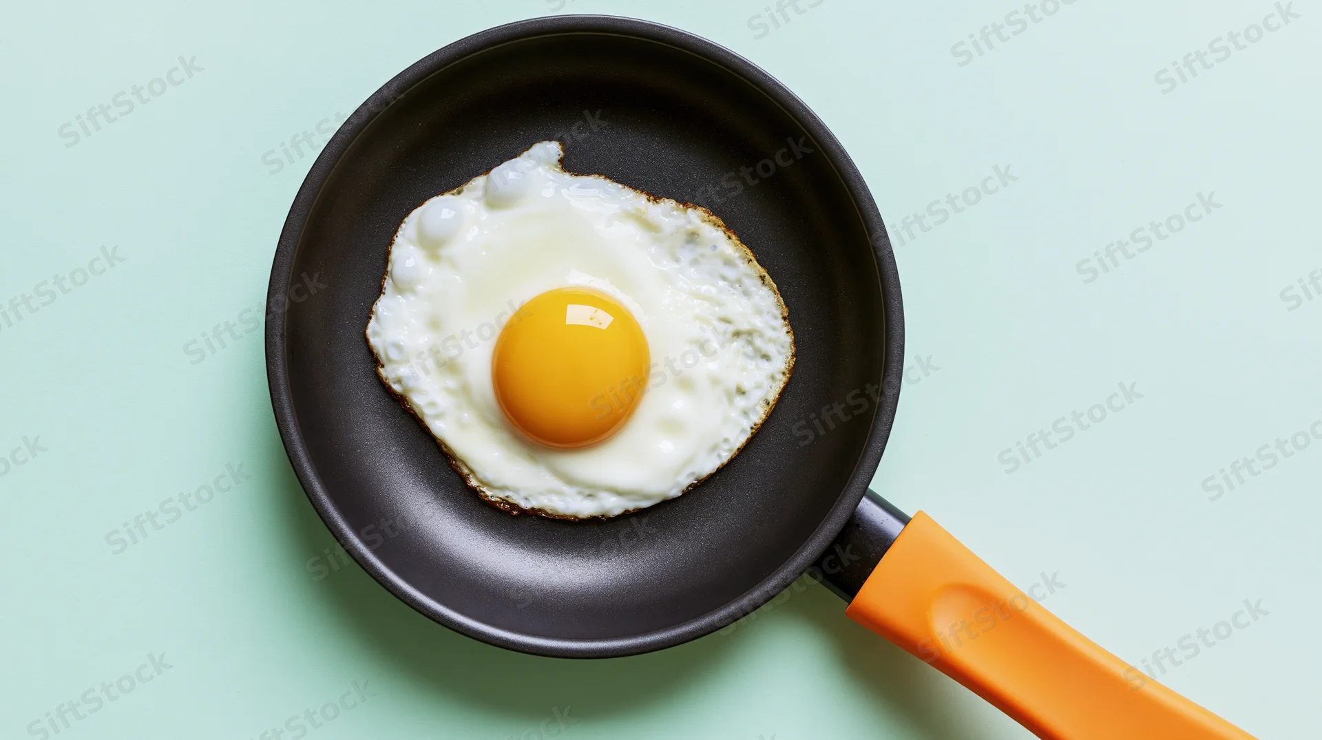 Fried sunny-side-up egg in a small dark nonstick frying pan on a mint green surface