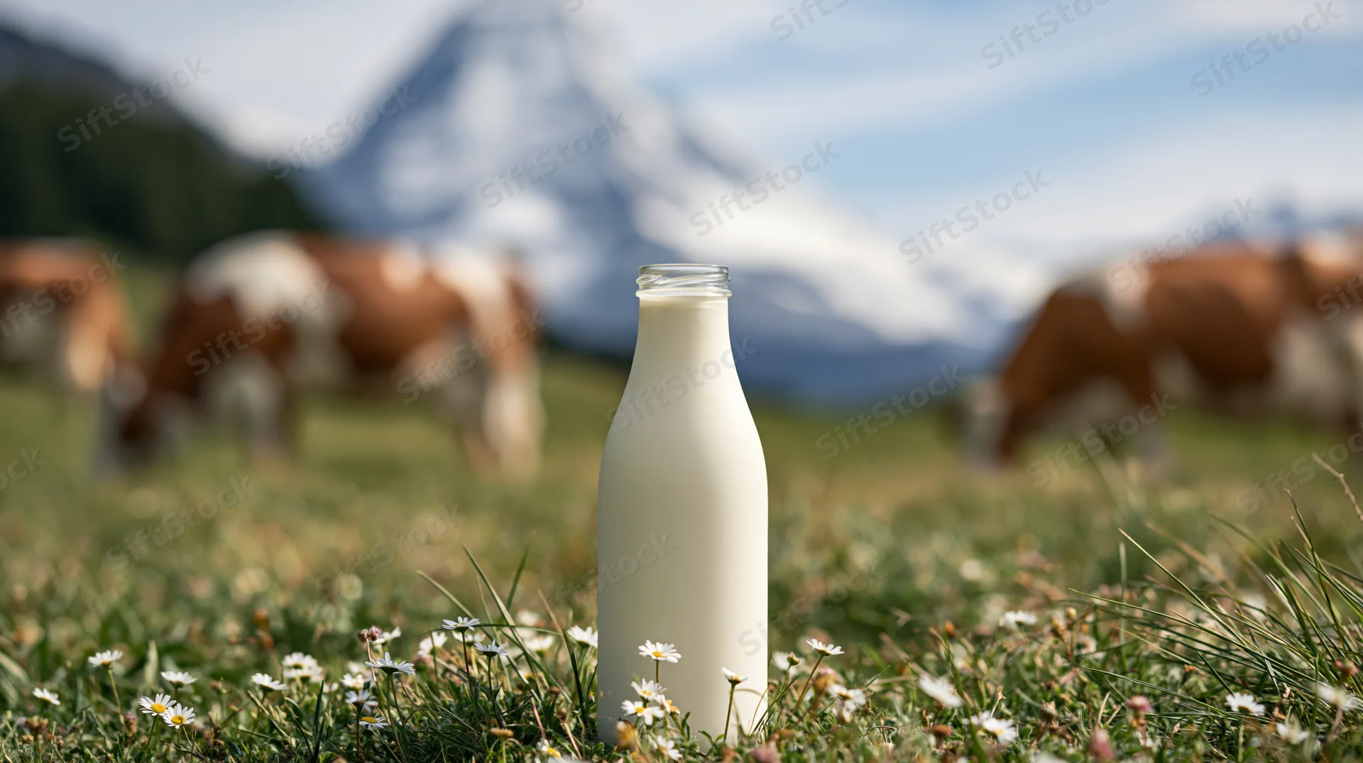 Glass bottle of milk standing in a grassy field with cows grazing and snow-capped mountains in the background