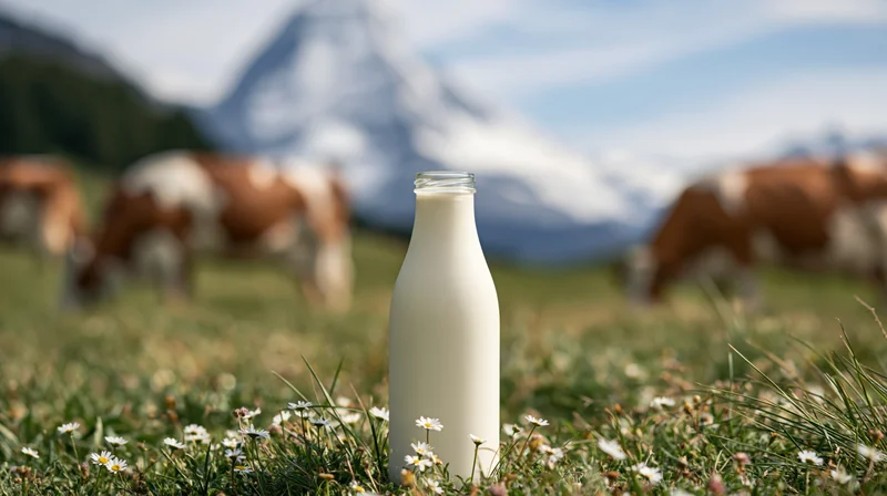 Glass bottle of milk standing in a grassy field with cows grazing and snow-capped mountains in the background