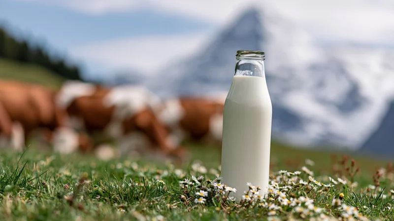 Glass bottle of milk standing in a grassy field with cows and snow-capped mountain in background