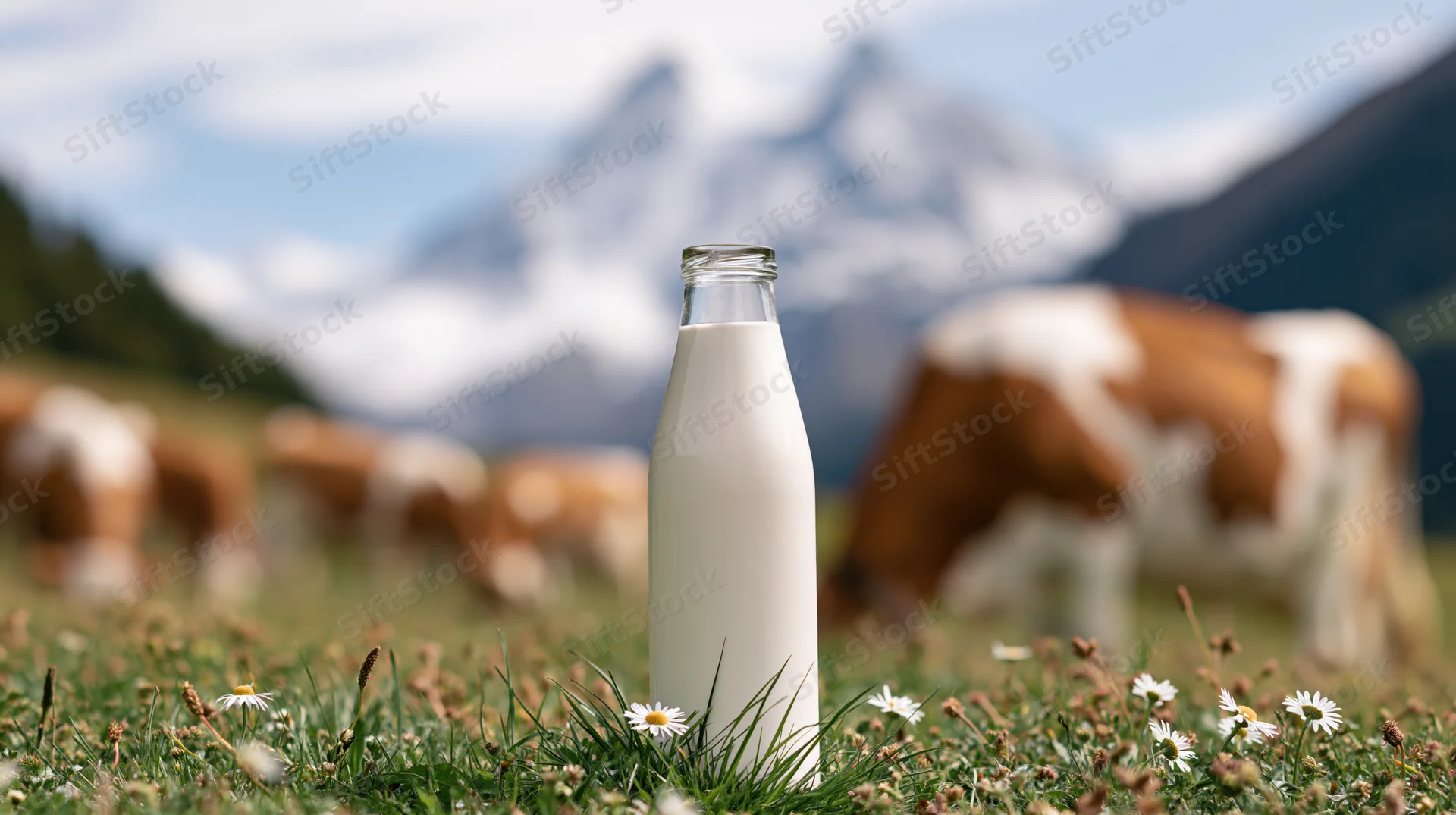 Glass bottle of milk standing in a grassy field with cows grazing and snow-capped mountains in the background