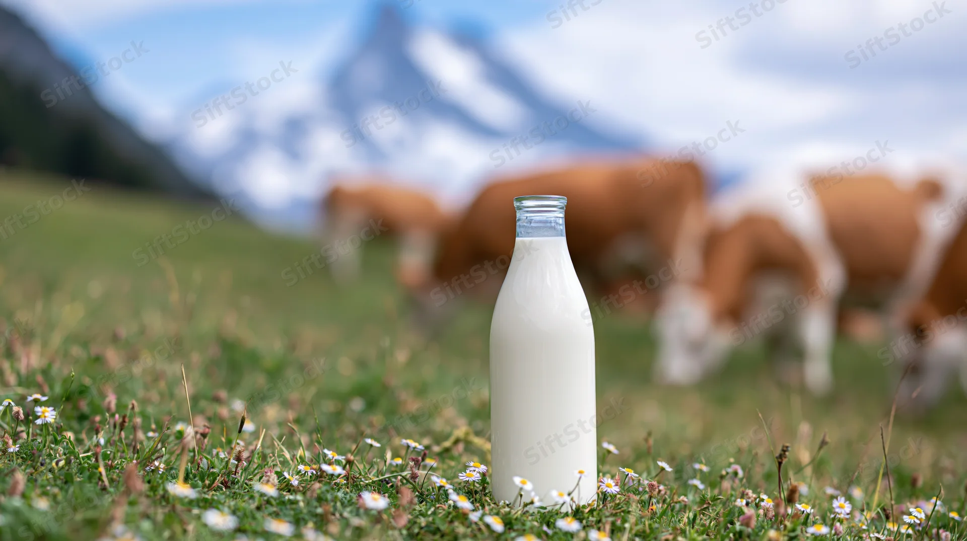 Glass bottle of milk standing in a grassy field with cows grazing in the background near snow-capped mountains