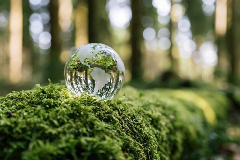 Glass globe etched with world map resting on dense moss in forest