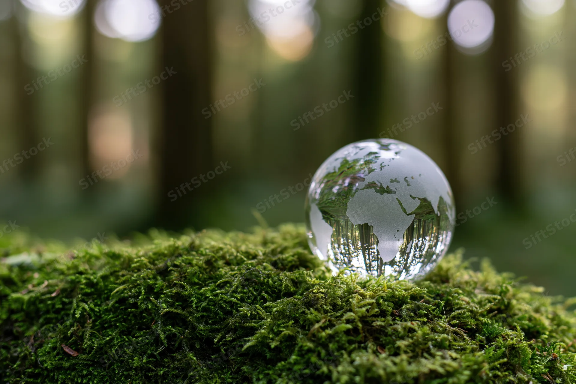 Glass globe etched with world map resting on dense moss in forest