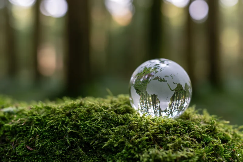 Glass globe etched with world map resting on dense moss in forest