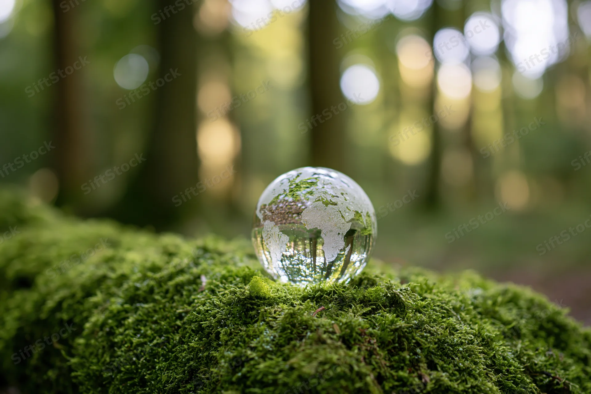 Glass globe etched with world map resting on dense moss in forest