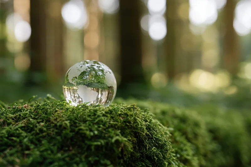 Glass globe etched with world map resting on dense moss in forest