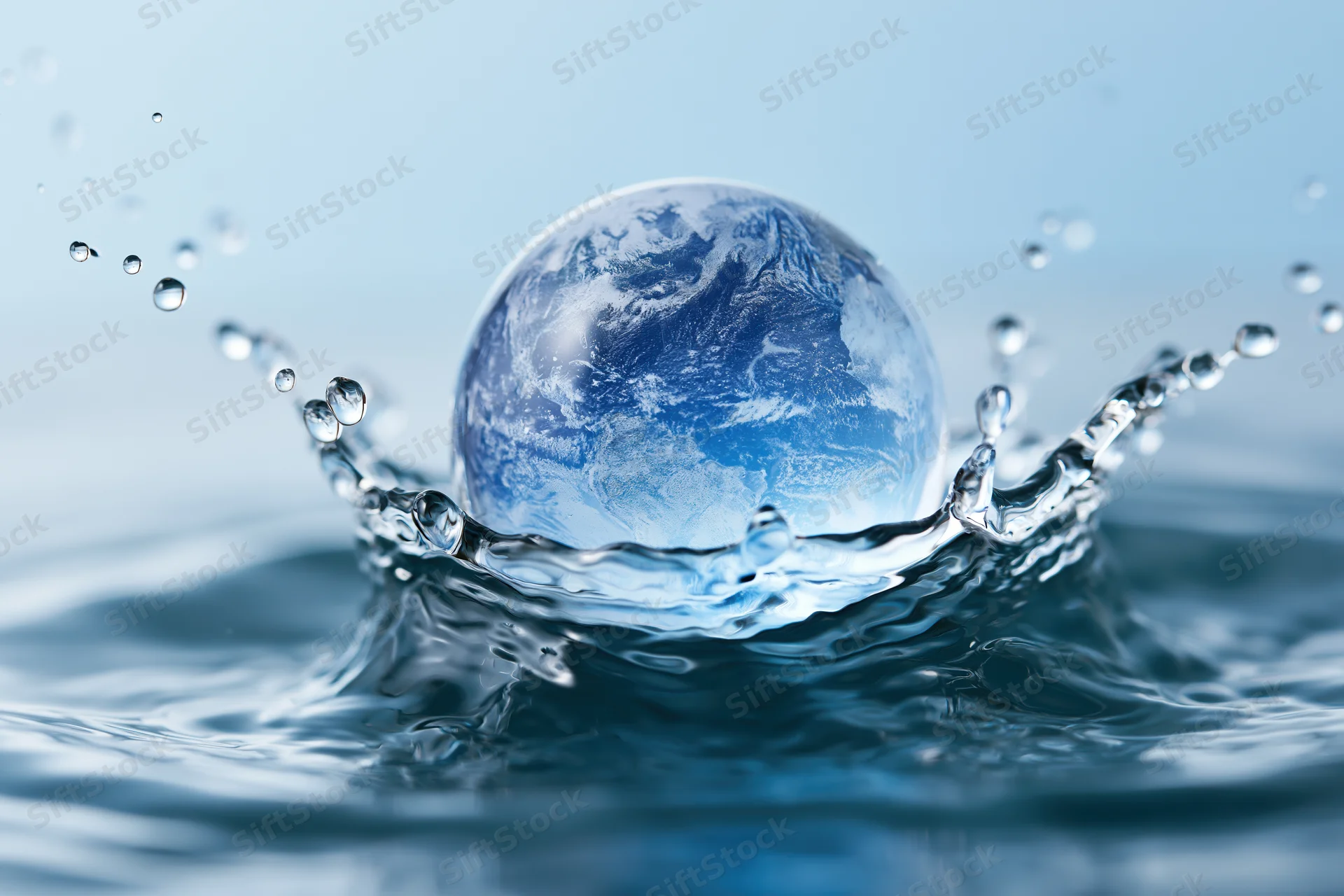Glass globe resembling earth emerging from a water splash with droplets around it