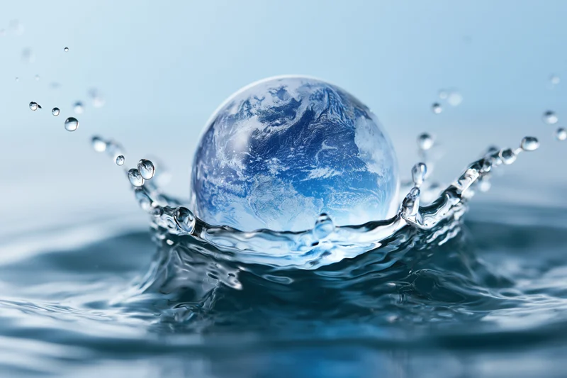 Glass globe resembling earth emerging from a water splash with droplets around it
