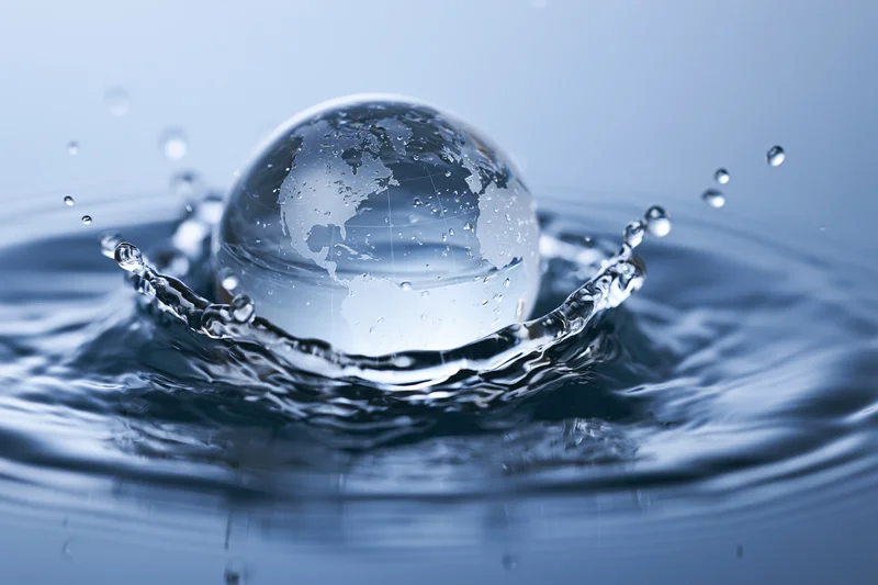 Glass globe resembling earth submerged in a water splash with ripples spreading outward