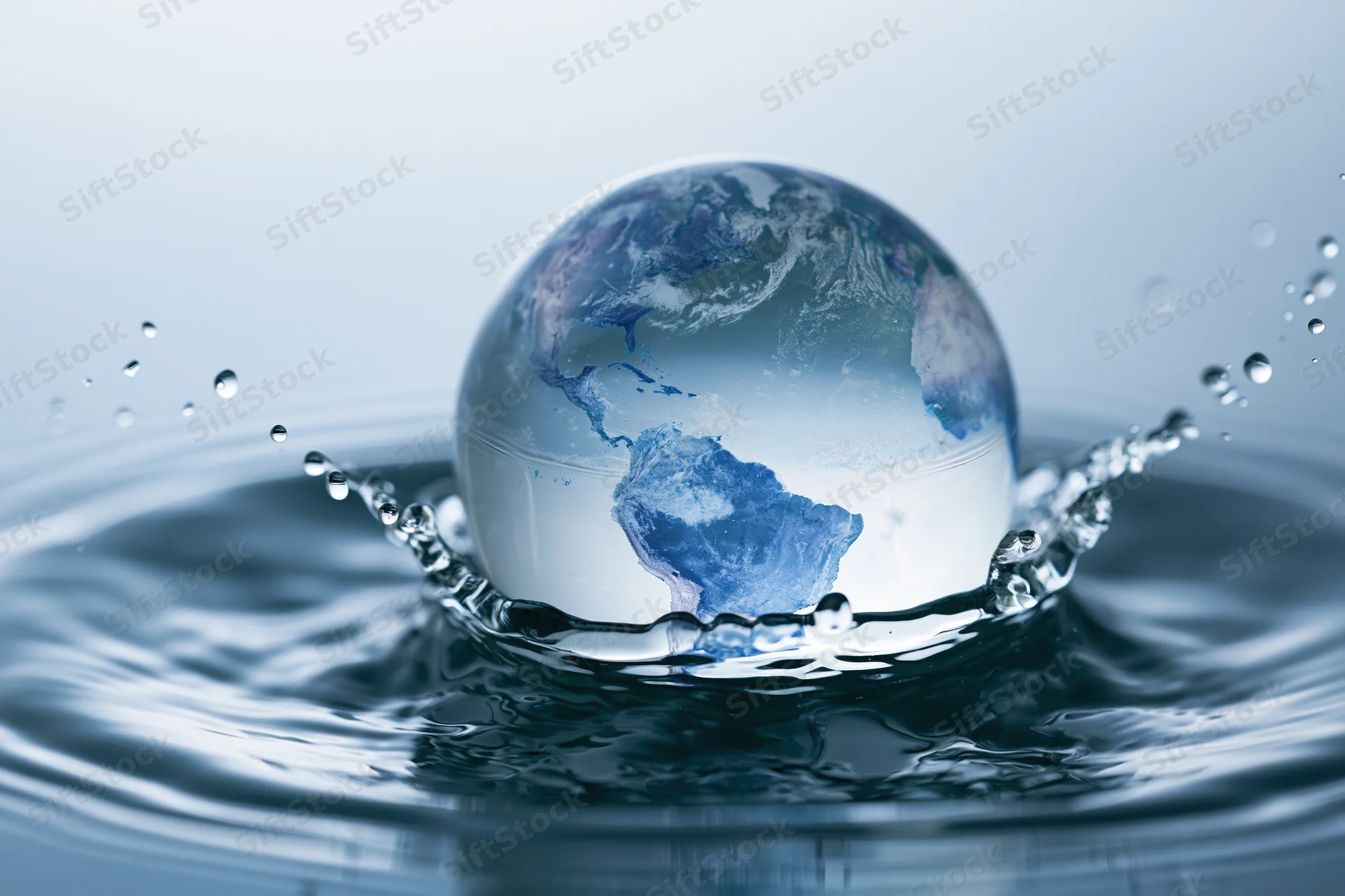 Glass globe resembling earth emerging from a water splash with ripples spreading around it