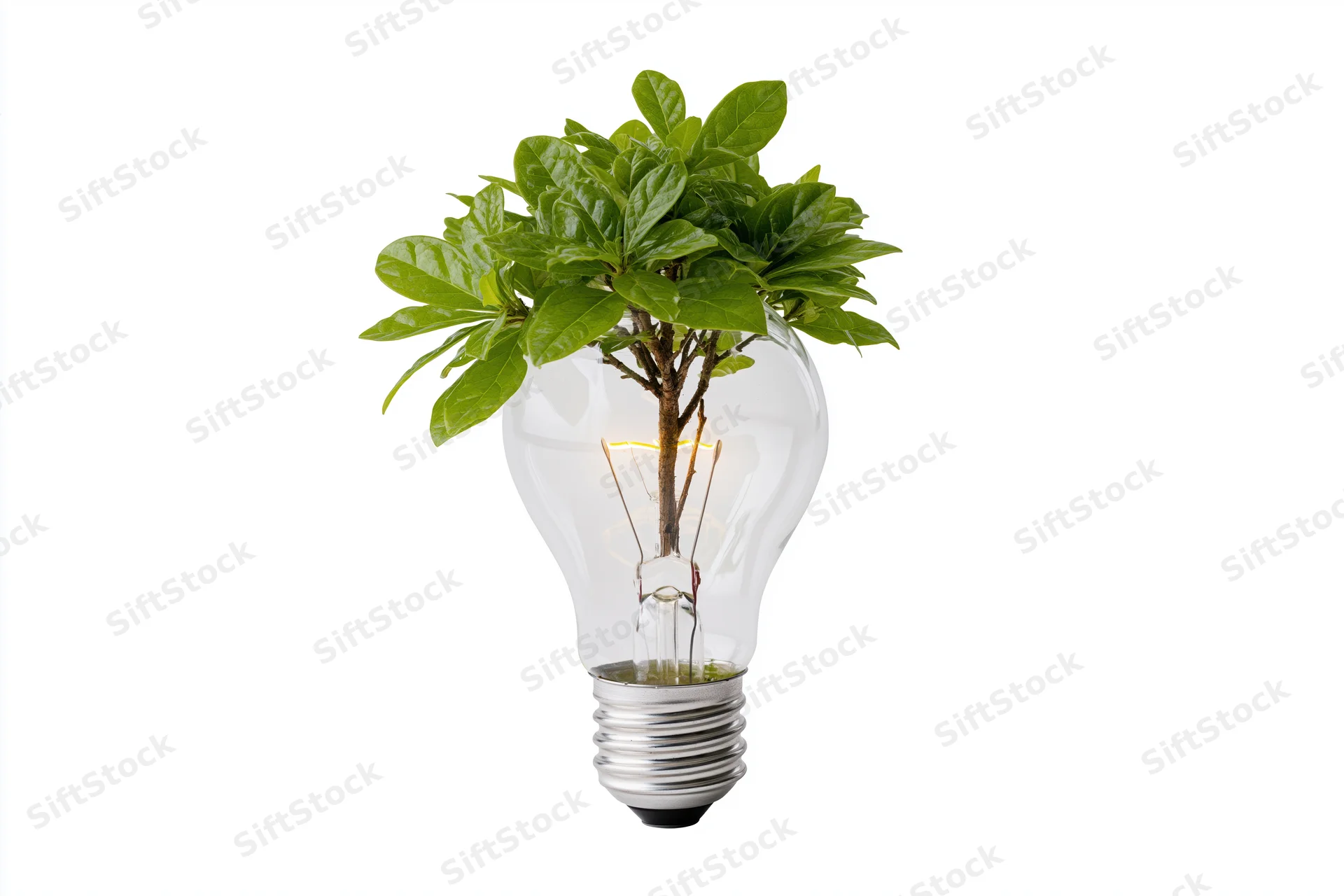 A small green plant growing inside a transparent glass lightbulb against a white background