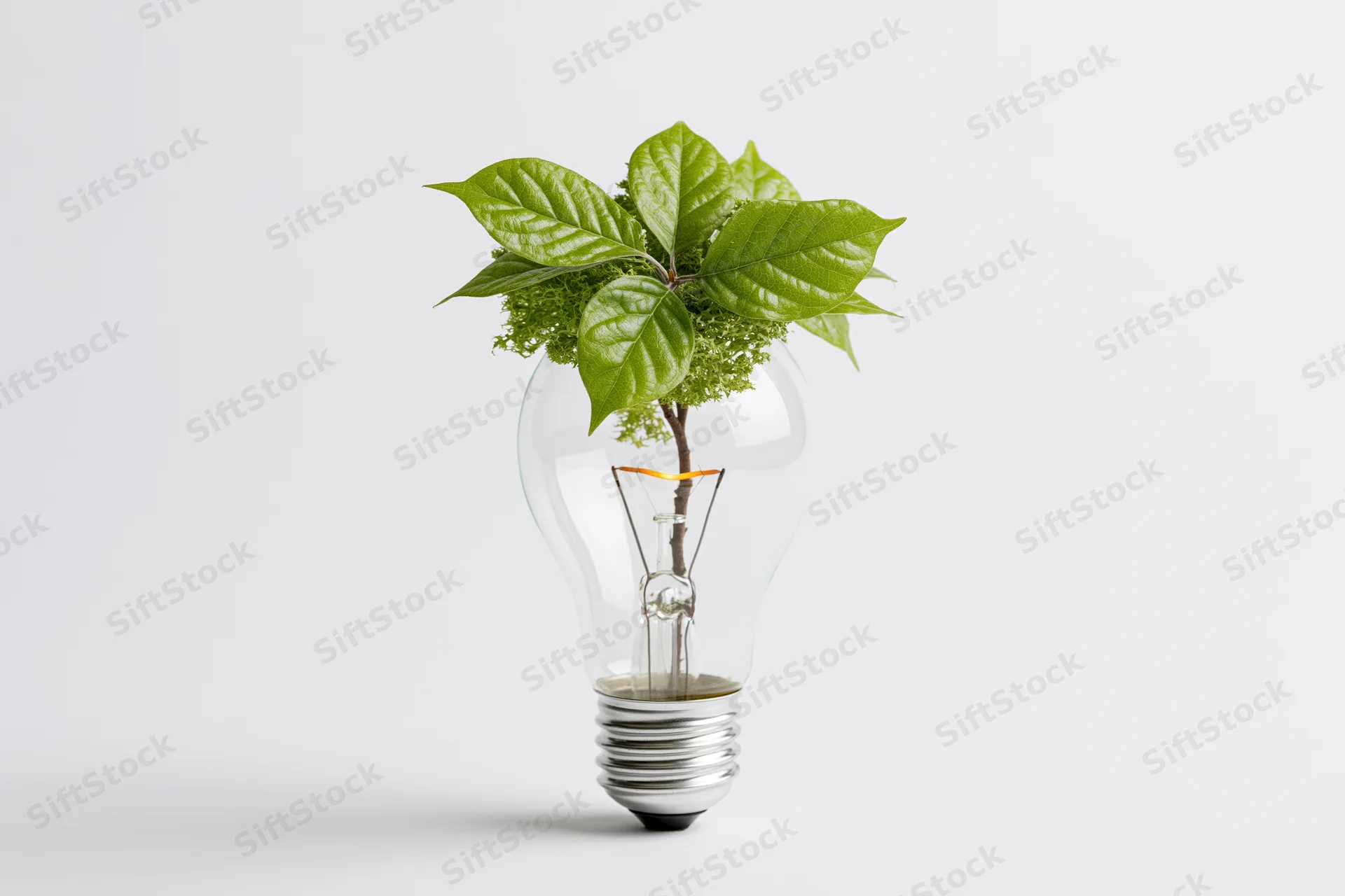 A plant growing inside a clear glass lightbulb on a white surface