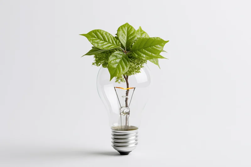 A plant growing inside a clear glass lightbulb on a white surface