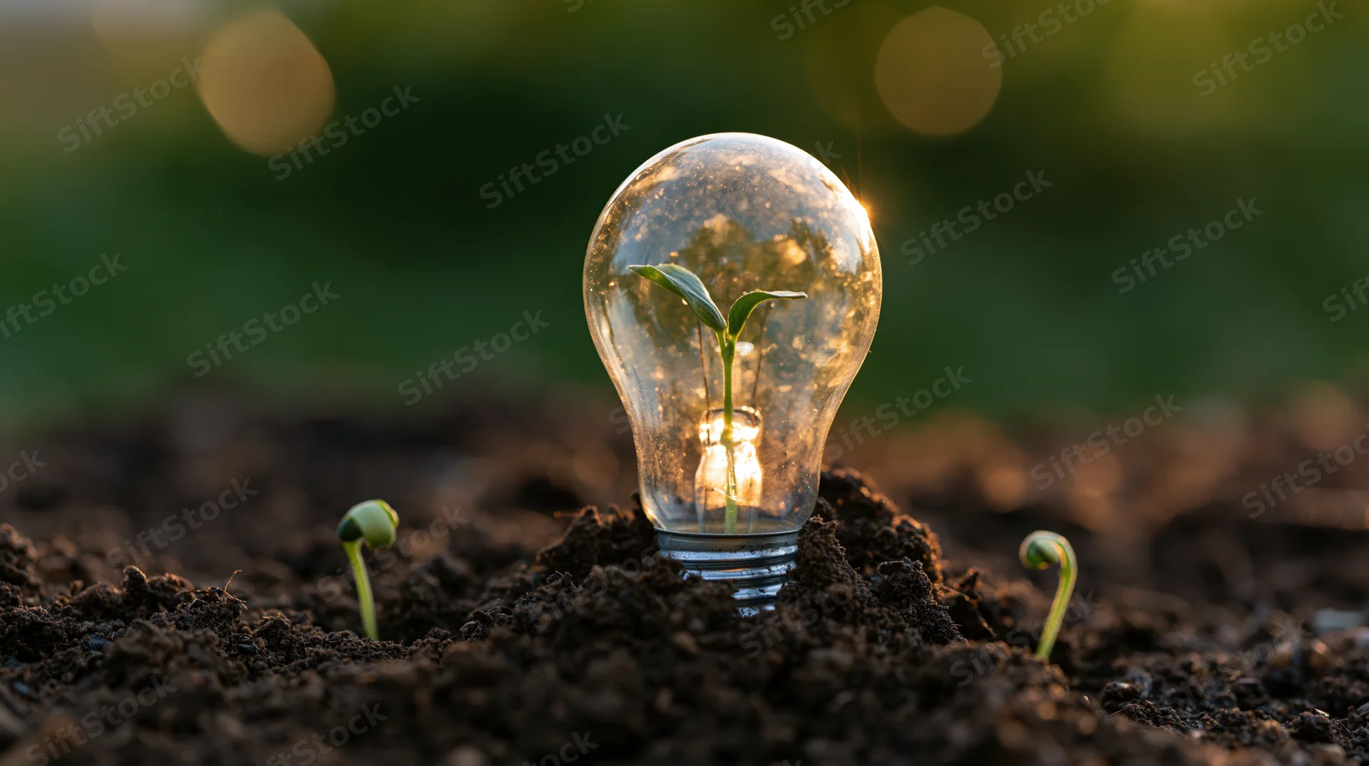 Lightbulb embedded in soil with a growing plant inside, surrounded by small seedlings