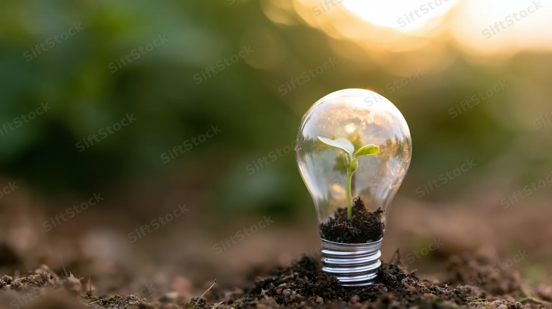 Lightbulb with a growing plant inside placed on soil at sunset