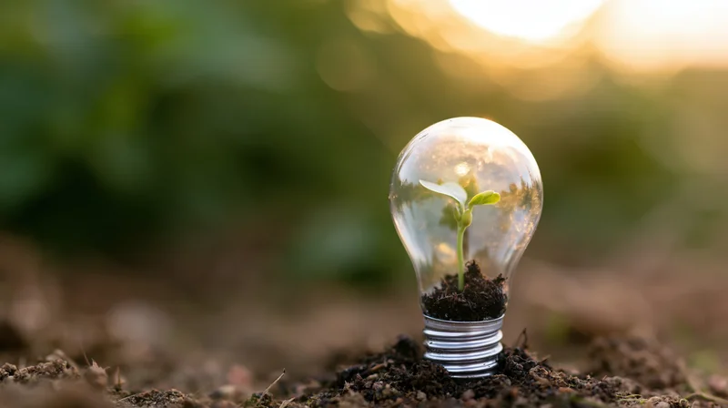 Lightbulb with a growing plant inside placed on soil at sunset